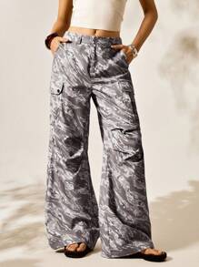Easelle Pantalones rectos holgados con bolsillos de cargo y pliegues, pantalones de moda de camuflaje para mujer - Multicolor - Ver 2