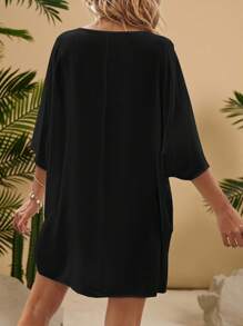 SHEIN VCAY Plus Size Women Vacation Solid Color Contrast Lace Batwing Sleeve Dress - Black - View 2