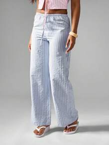 MISSGUIDED Hochhüftige Nadelstreif Weite Bein Hose Urlaubskleidung Strand Urlaub Sommer Elastischer Bund Lounge Wear Lässig Hose