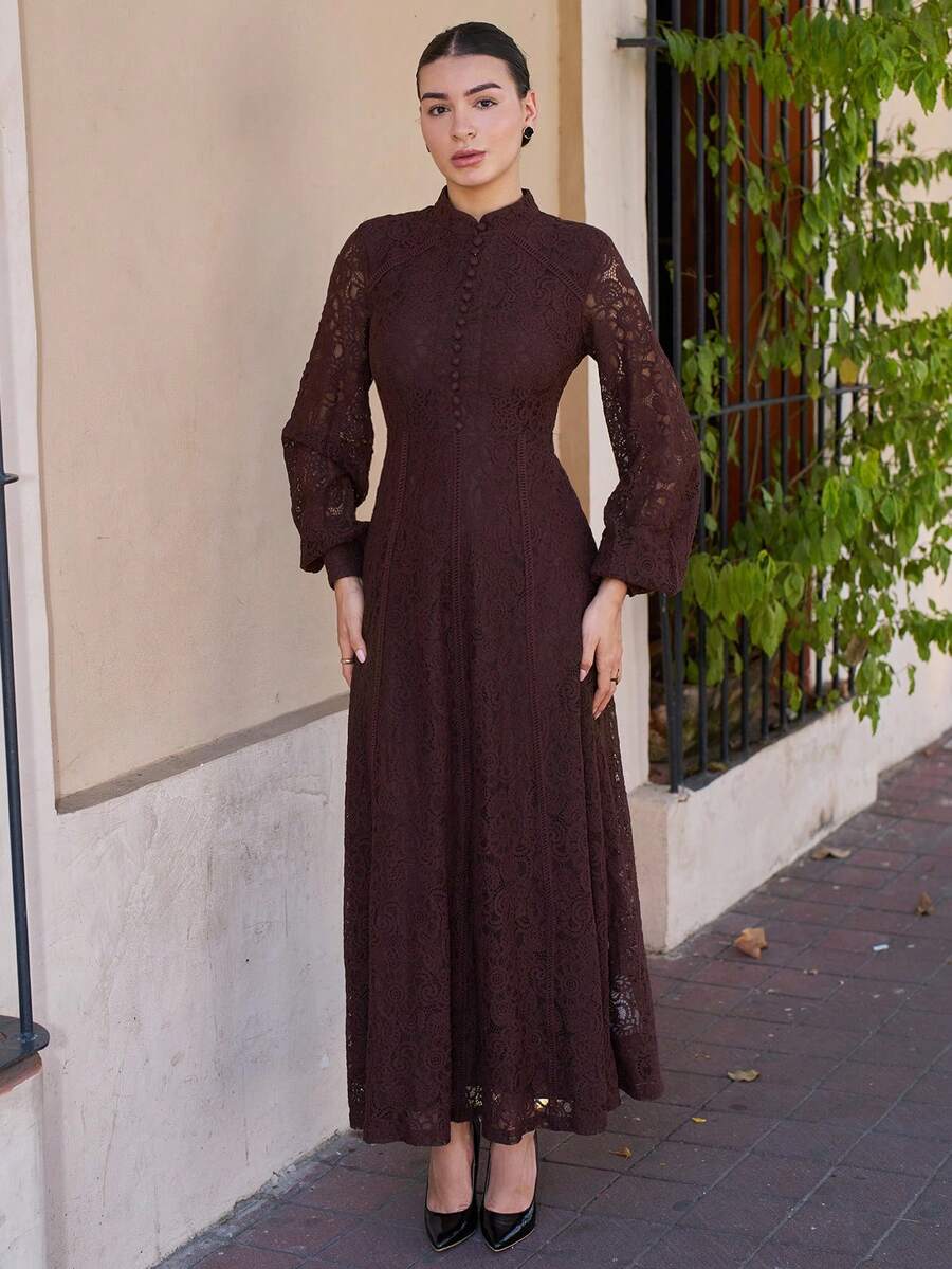 Andrea Bello 女士长袖蕾丝酒红色连衣裙长款女装 - 棕色 - 查看 1