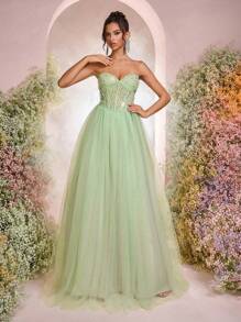 Glamrae Elegant Green Flowing Mesh Ball Dress,Pearl Decoration Back Tie Oversized Skirt,Formal Evening Dress For Wedding Guest,Bachelorette Party&Graduation - Green - View 5