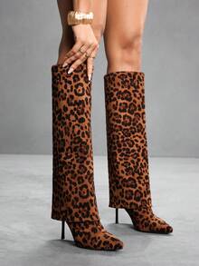 CUCCOO SZL Sepatu Bot Hak Tinggi Ujung Lancip Wanita, Desain Bahan PU Multi-Layer Putih, Modis, Nyaman untuk Pemakaian Sehari-hari, Pesta dan Jamuan, Sepatu Bot Setinggi Lutut dengan Resleting Samping - Coklat - View 10