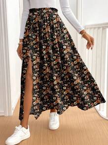 SHEIN PETITE CURVE 加大码黑色花卉波西米亚印花长裙，复古风格，适合度假、音乐节、海滩度假、送给妈妈的礼物，四季皆宜 - 彩色 - 查看 4