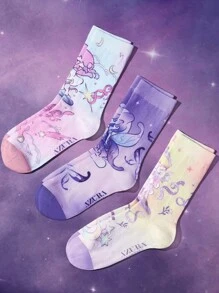 Pop Mart Azura X SHEIN 3 Pairs Cartoon Pattern Fashion Gradient Color Macaron Soft Breathable Sweat-Absorbing Women's Elastic Crew Socks, Printed Patterns Suitable For Spring, Summer, Autumn; Purple & Pink Bear Print Mid-Calf Socks, Rainbow Cloud Breathable Soft All-Season Socks For Women