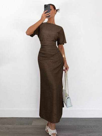 Siren Gaze Women Summer Solid-Color Linen Blend Dress Elegant Brown Evening Dress Brown