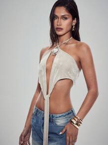 Denimoi Tie Front Cut Out Low Back Halter Top With Stone Necklace - Khaki - View 5