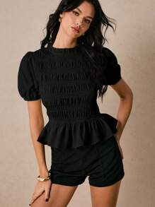 Poéselle 女士褶皱衬衫高腰荷叶边衬衫可爱衬衫女士纯色短袖衬衫，时尚夏季衬衫 Y2K 街头服饰外出休闲女士夏季女士波西米亚风上衣 - 黑色 - 查看 2