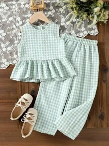 Girls (Small Size) Summer Elegant Lady T-Shirt Set, Green Plaid Sleeveless Top & Long Pants, Soft Casual Daily Wear Girls Gingham Outfit Girls Checkered Outfit Toddler Girl Gingham Set Mint Green Outfits For Kids Girls Two Piece Outfit Green Fall Winter