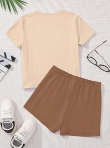 SHEIN Leap Crew 女童休闲卡通印花短袖T恤和短裤两件套，夏季 - 彩色 - 查看 3