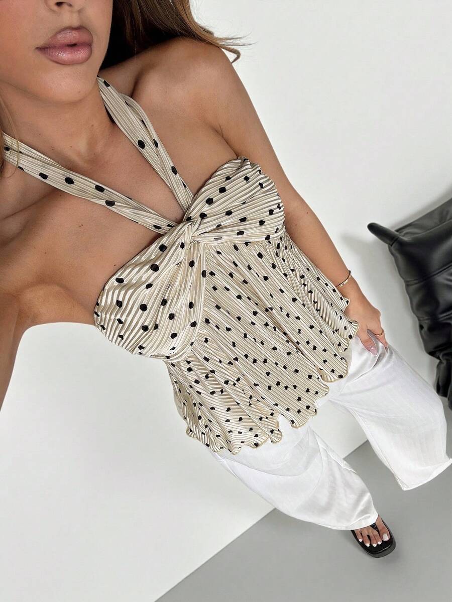 SHEIN EZwear Stockholm Style European Summer Apricot Polka Dot Women's Ruched Halter Neck Blouse Polka Dot Top Halter Top Pleated Top