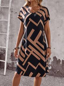 EMERY ROSE 女式几何印花V领蝙蝠袖短袖休闲中长连衣裙（夏季）