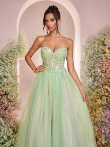 Glamrae Elegant Green Flowing Mesh Ball Dress,Pearl Decoration Back Tie Oversized Skirt,Formal Evening Dress For Wedding Guest,Bachelorette Party&Graduation - Green - View 7