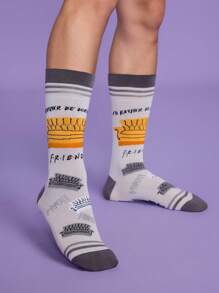 FRIENDS X SHEIN 3 pares de calcetines informales tipo media hasta el tobillo, suaves y transpirables, con diseños de dibujos animados, de color gris y negro de moda, con dedos y talones reforzados para mayor durabilidad, unisex para hombres y mujeres, aptos para todas las estaciones y a juego con cualquier atuendo