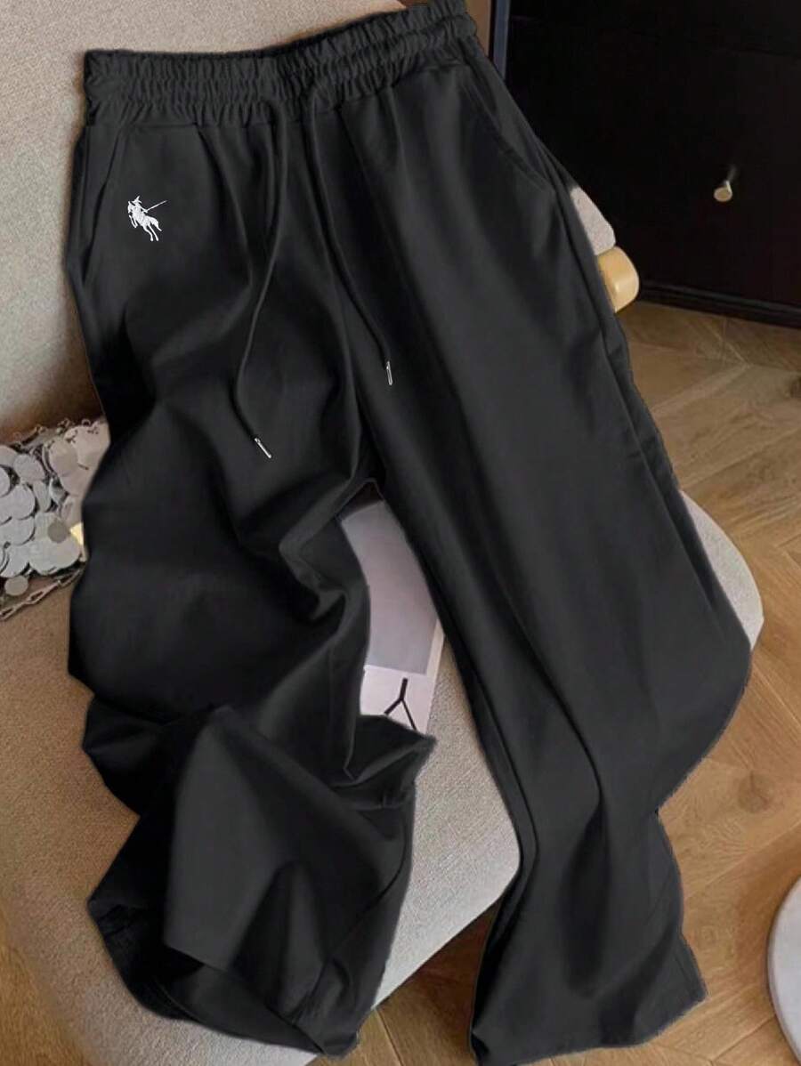 全新休闲小马刺绣休闲纯色直筒裤，加大码女款 - 黑色 - 查看 1