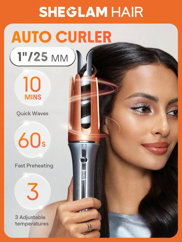 SHEGLAM HAIR Fer à friser à pression instantané It-Curl, fer à friser automatique, boucleur automatique de 25 mm avec 3 températures, chauffage rapide et rotation bidirectionnelle, arrêt automatique, fer à boucler anti-brûlure et anti-rotation, boucleur à pression instantanée pour la coiffure