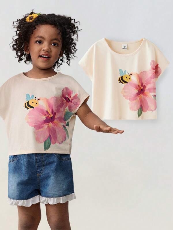 Maija Kids Maija Kids Loose Fit Floral Graphic Round Neck Short Sleeve T-Shirt For Girls
