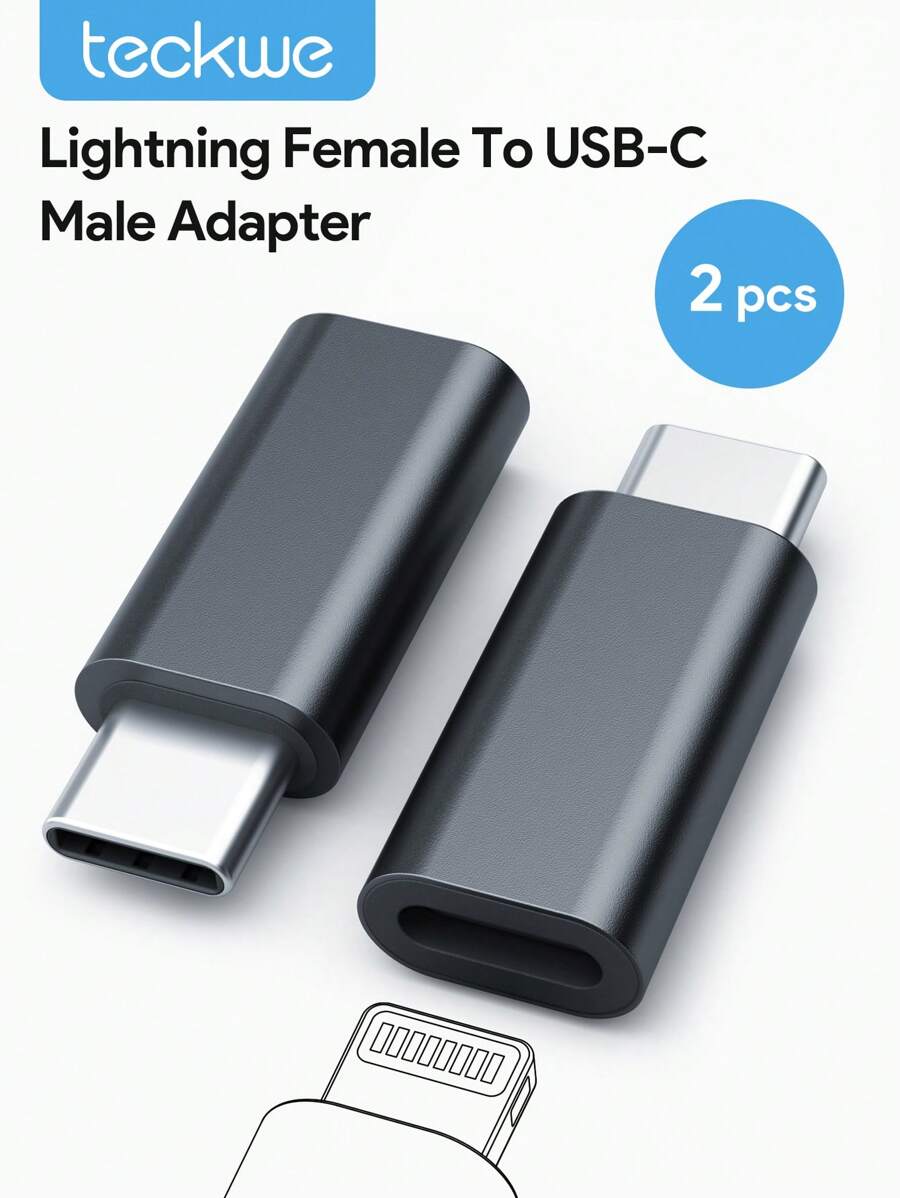 Teckwe 2 piezas Adaptador hembra Rayo a macho USB-C de alta calidad, solución de carga rápida y transferencia de datos, diseño reversible compacto y duradero para conexión conveniente, esenciales para el regreso a clases, color negro