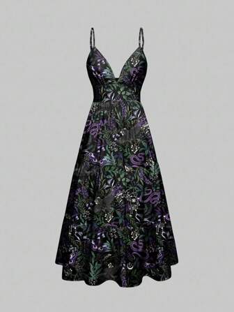 Gothic Mysterious Snake Plant Moon Star Print Witch Vacation Low-Cut Dress For Women