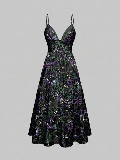 Goth Gothic Mysterious Snake Plant Moon Star Print Witch Vacation Low-Cut Dress For Women
