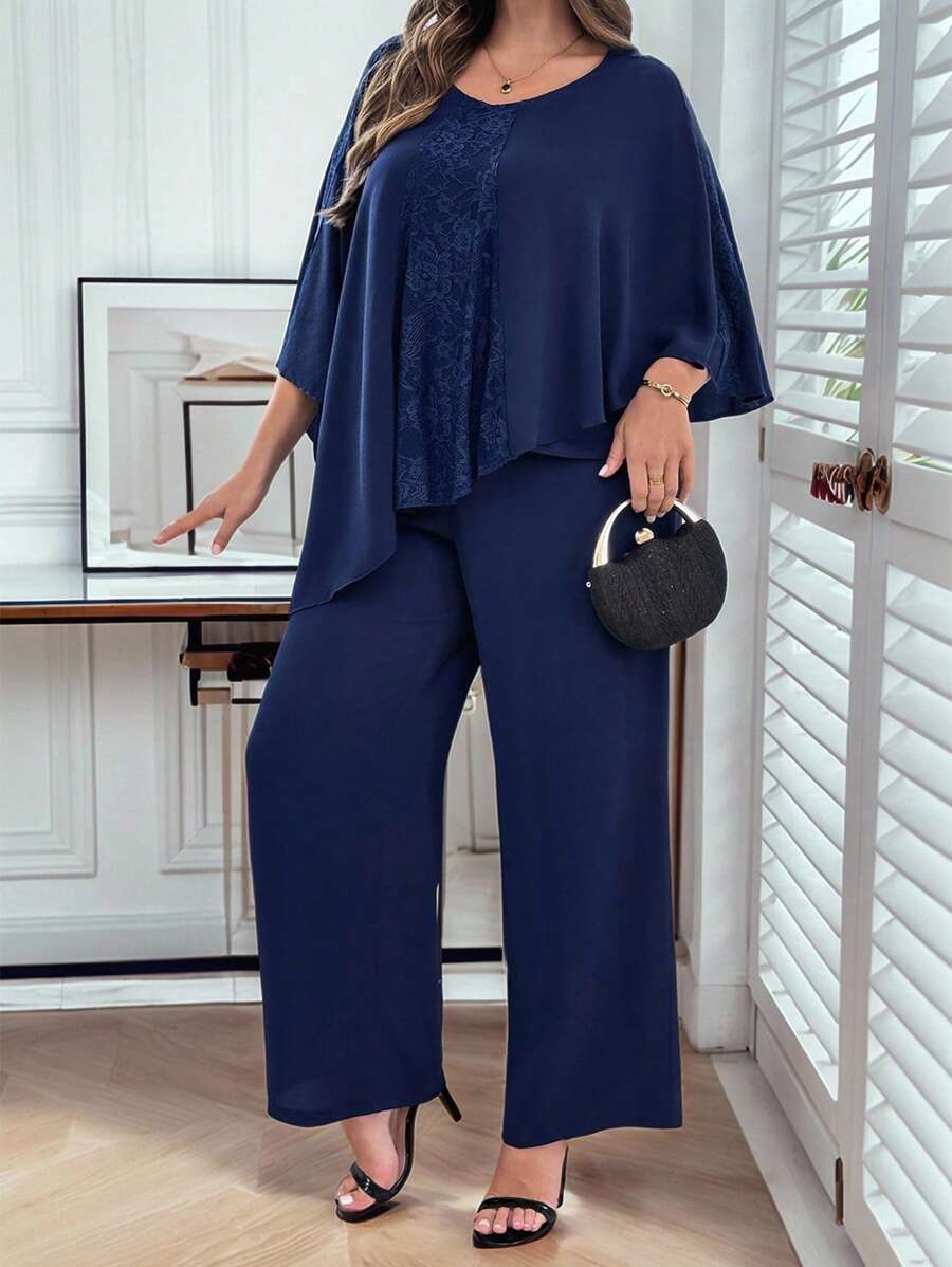 SHEIN Clasi 大码优雅纯色蕾丝拼接不对称下摆衬衫和裤子两件套 - 藏蓝色 - 查看 1