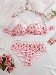 SHEIN 2件套印花罗纹针织加垫聚拢文胸套装，加大码 - 粉色 - 查看 6