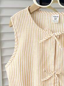 SHEIN Tween Girls Casual Everyday Striped Bow Decor Ruffle Hem Sleeveless Top - Yellow - View 5