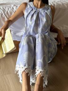 DAZY 花卉印花露背荷叶边上衣搭配阔腿长裤女士睡衣套装，度假风格睡衣 - 淺藍色 - 查看 3