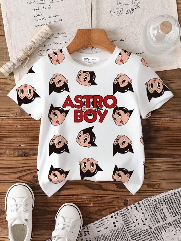 Astro Boy X SHEIN Young Boy Casual Street Cartoon Robot & Letter Print Short Sleeve T-Shirt For Summer