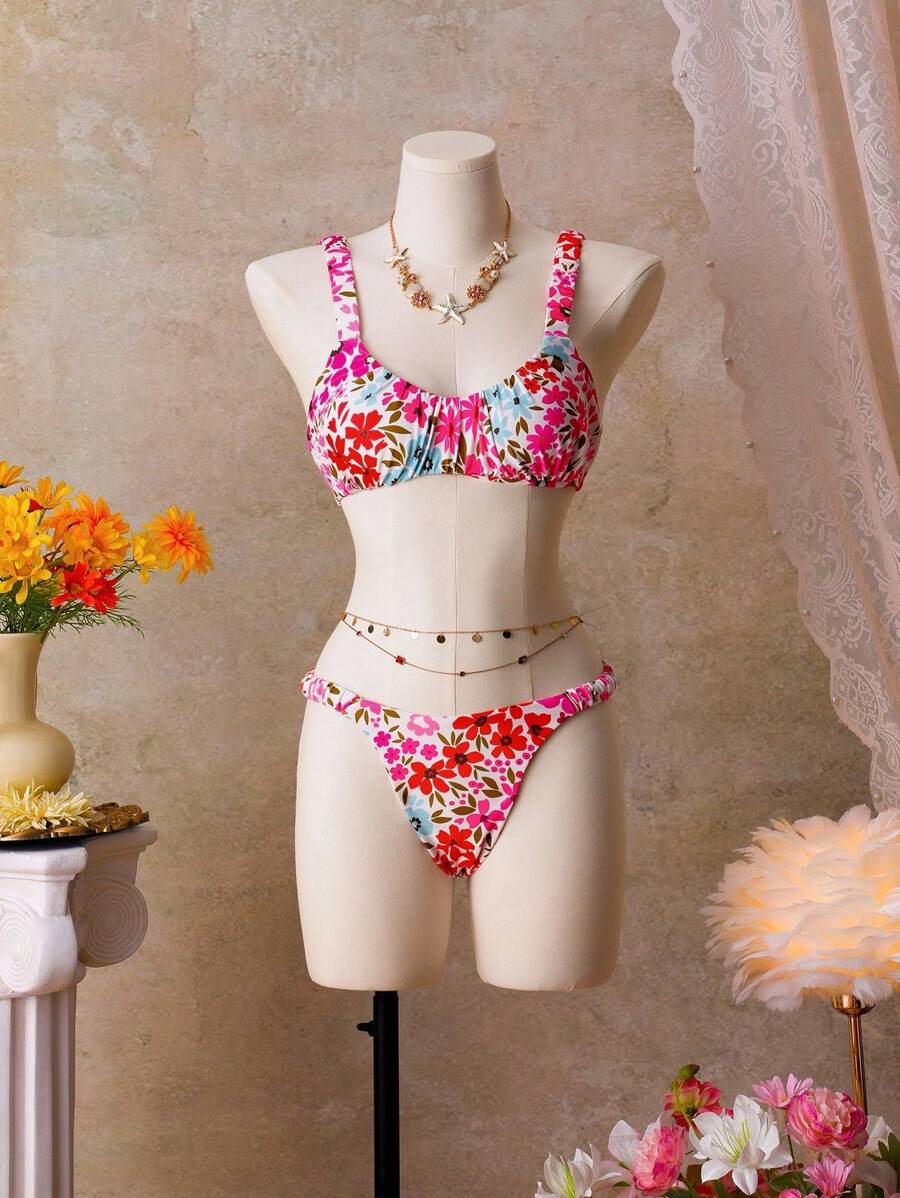 SHEIN Swim 女式夏季沙滩花卉印花褶饰性感比基尼两件套泳衣套装 - 彩色 - 查看 1