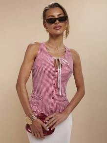 COSMINA Women's Plaid Print Twisted Hollow Out Sexy Round Neck Top