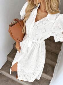 Easowa 女士休闲刺绣领开衫花卉蕾丝边连衣裙夏季女装夏季连衣裙白色连衣裙女士度假装扮女士夏季服装波西米亚风度假连衣裙白色连衣裙优雅波西米亚风女装白色毕业礼服女士白色套装夏季女装 - 白色 - 查看 4