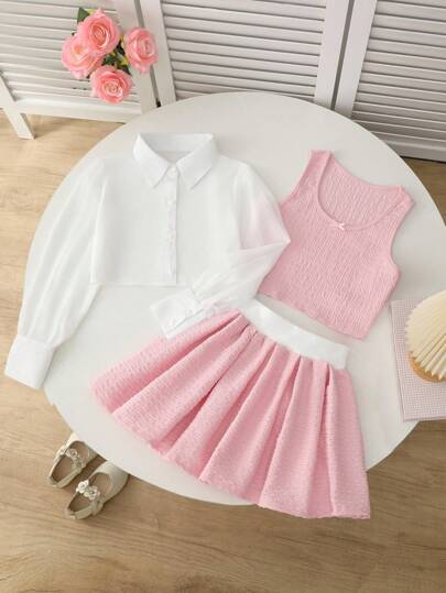 Tween Girl Solid Color Long Sleeve Single-Breasted Shirt, Round Neck Vest And Pleated Mini Skirt Casual Outfit Set