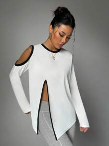 Easithlete Camiseta activa de manga larga con cuello de canalé y hombros recortados para mujer - Blanco y Negro - Ver 5