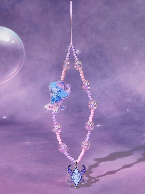 Pop Mart Azura X SHEIN Cartoon Pattern Handmade Acrylic Beaded Phone Lanyard, Dreamy Purple