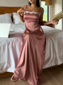 DAZY Lace Patchwork Satin Ruched High Slit Backless Design Sexy Spaghetti Strap Women Nightgown Pajama - Dusty Pink - View 1