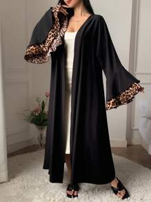DAZY Leopard Print Patchwork Ruffled Flare Sleeve Long Loose Women's Bathrobe Pajama - Black - View 1