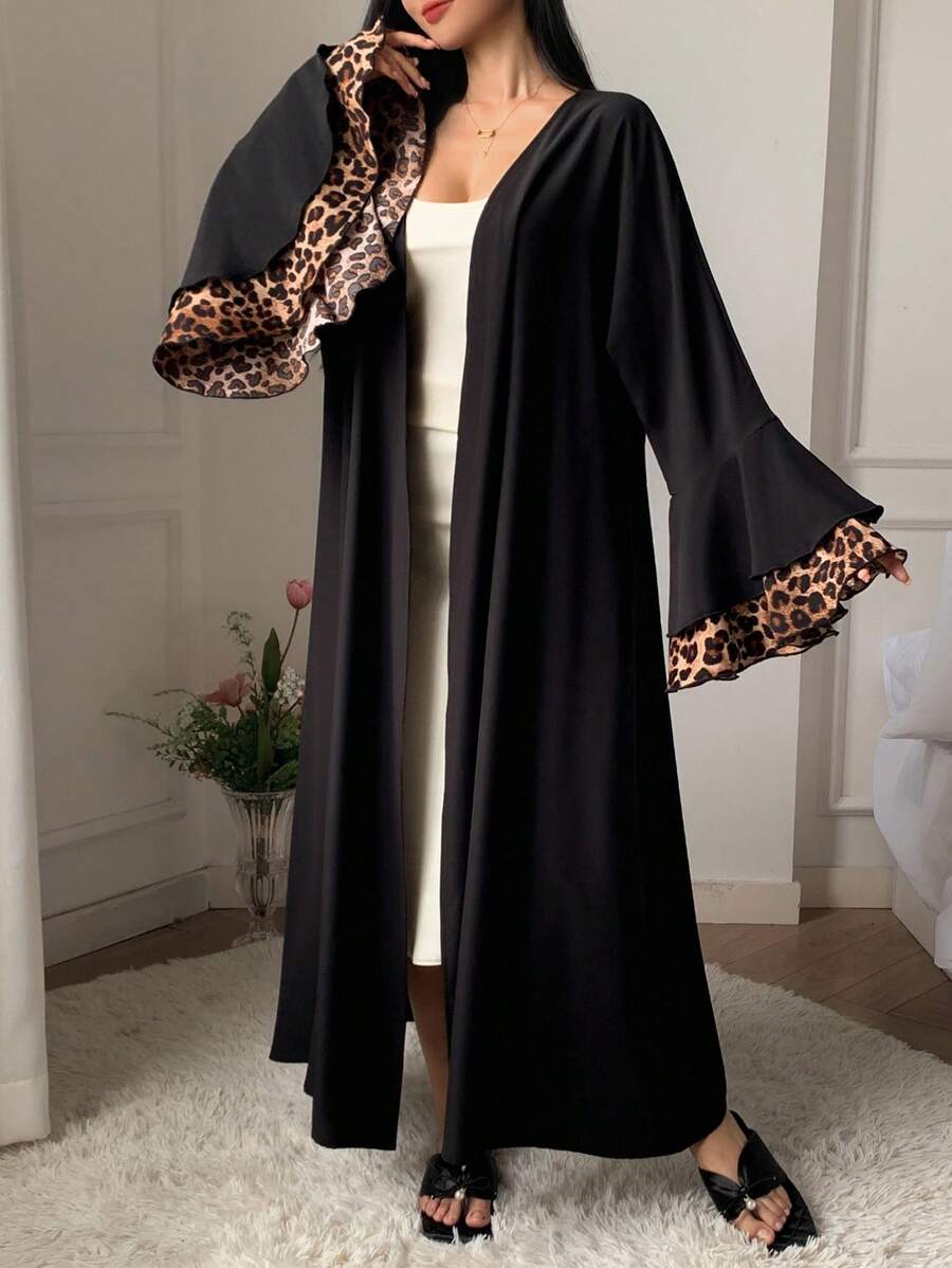 DAZY Leopard Print Patchwork Ruffled Flare Sleeve Long Loose Women's Bathrobe Pajama - Black - View 1