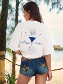 ROMWE The White Lotus 女士夏季休闲字母花卉印花圆领短袖T恤 - 米色 - 查看 10