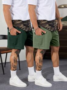 Manfinity Homme 2 件宽松男士翻盖口袋侧抽绳腰短裤 - 彩色 - 查看 4