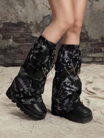 Grunge Punk 1 Pair Black Fashionable Vintage Women Leg Warmers With Chain Decor