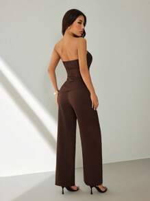 SHEIN PETITE 女士休闲无袖上衣和裤子套装，秋冬夏季 - 棕色 - 查看 2