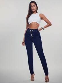 Denimoi 高腰叠层纽扣前牛仔紧身牛仔裤 - 深色水洗藍 - 查看 4