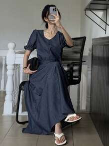 DAZY Set di due pezzi in denim vintage, stile vintage, delicato ed elegante, design snellente - Blu lavato scuro - Visualizzare 5