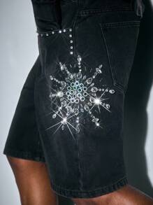 ROMWE MEN Men's Street Life Rhinestone Decor Pocket Wide Leg Loose Casual Denim Shorts - Black - View 6