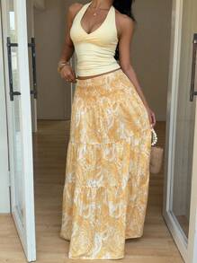 SHEIN Tall Falda larga estampada de estilo bohemio para mujer, uso casual de vacaciones y diario, primavera/verano - Amarillo - Ver 3