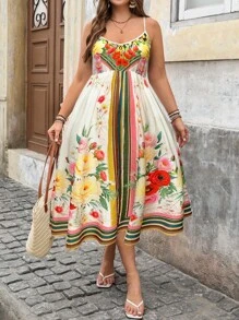 SHEIN Clasi 大码女式夏季假日海滩波西米亚风格性感休闲彩色印花 V 领吊带 A 字中长连衣裙，可搭配开衫 - 彩色 - 查看 2