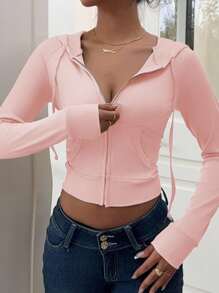 INAWLY Chaqueta con capucha con cremallera de unicolor para mujer, de moda para el verano
