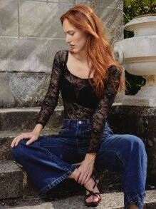 lacRébo Off-Shoulder Floral Lace Bodysuit With Long Sleeves Night Club Outfits Spring Summer - Black - View 5