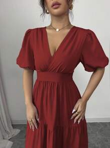 Rafferiza Elegant Casual Resort V-Neck Ruched Flared Maxi Dress With Puff Short Sleeve, Purple, New Arrival Spring/Summer For Women Summer Dress - Burgundy - View 5