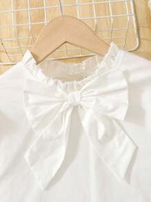 SHEIN 青少年女孩休闲可爱通勤蝴蝶结荷叶边袖衬衫，带可拆卸蝴蝶结，返校，白衬衫，学院风，学校，秋季 - 白色 - 查看 4